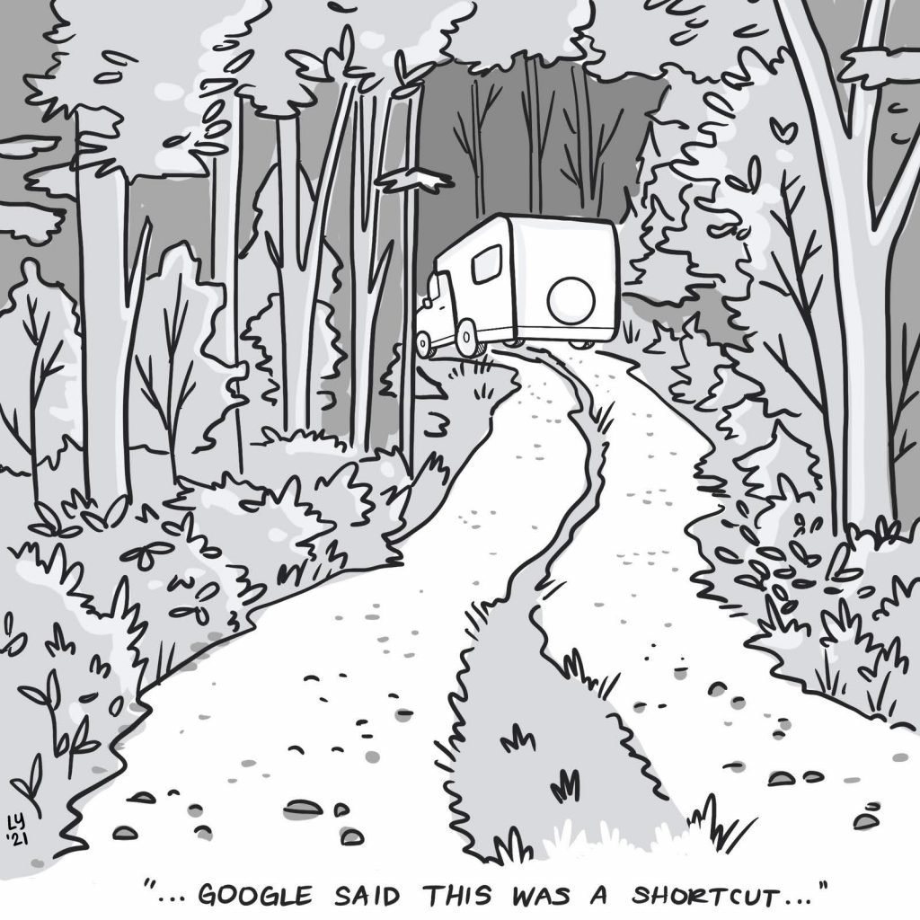 RV cartoon lost down dirt road - google said this was a shortcut