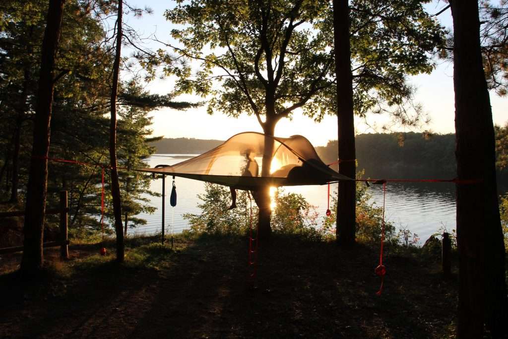 Hammock tied to the trees by water with man inside.